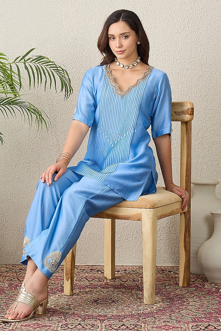 Sky Blue Chanderi Bead Embroidered Kurta Set by First Resort by Ramola Bachchan at Pernia's Pop Up Shop