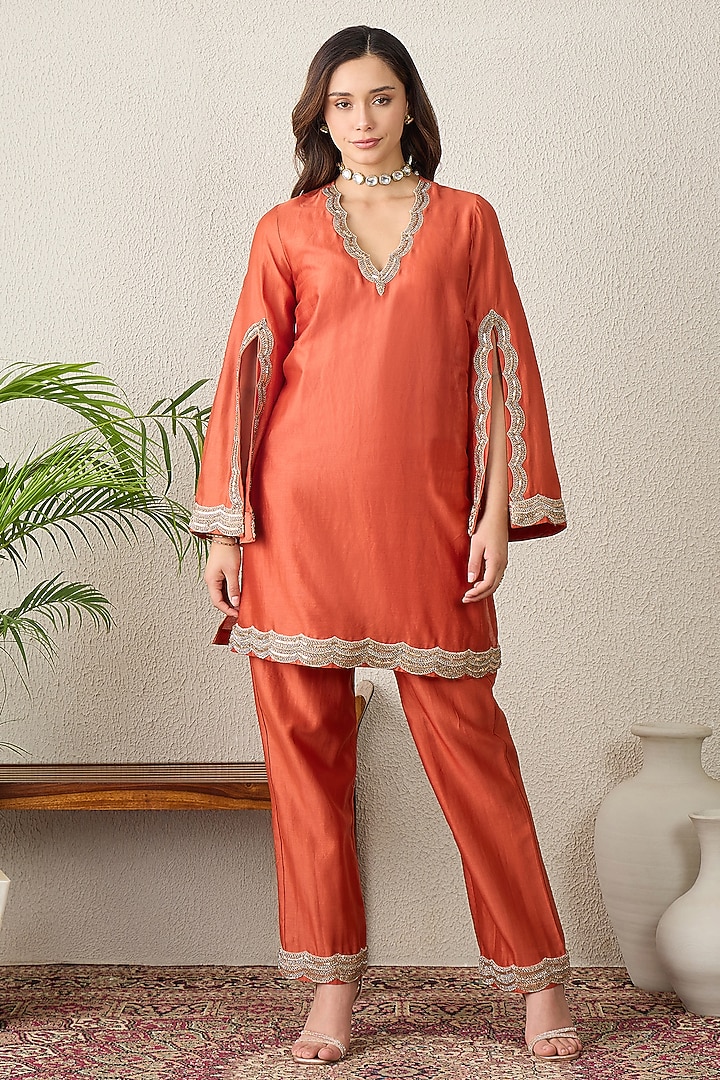 Orange Chanderi Mirror Embroidered Kurta Set by First Resort by Ramola Bachchan at Pernia's Pop Up Shop