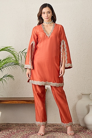 Orange Chanderi Mirror Embroidered Kurta Set by First Resort by Ramola Bachchan