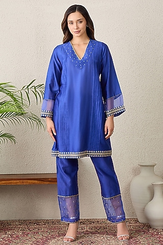 Cobalt Blue Chanderi Hand Embroidered Kurta Set by First Resort by Ramola Bachchan