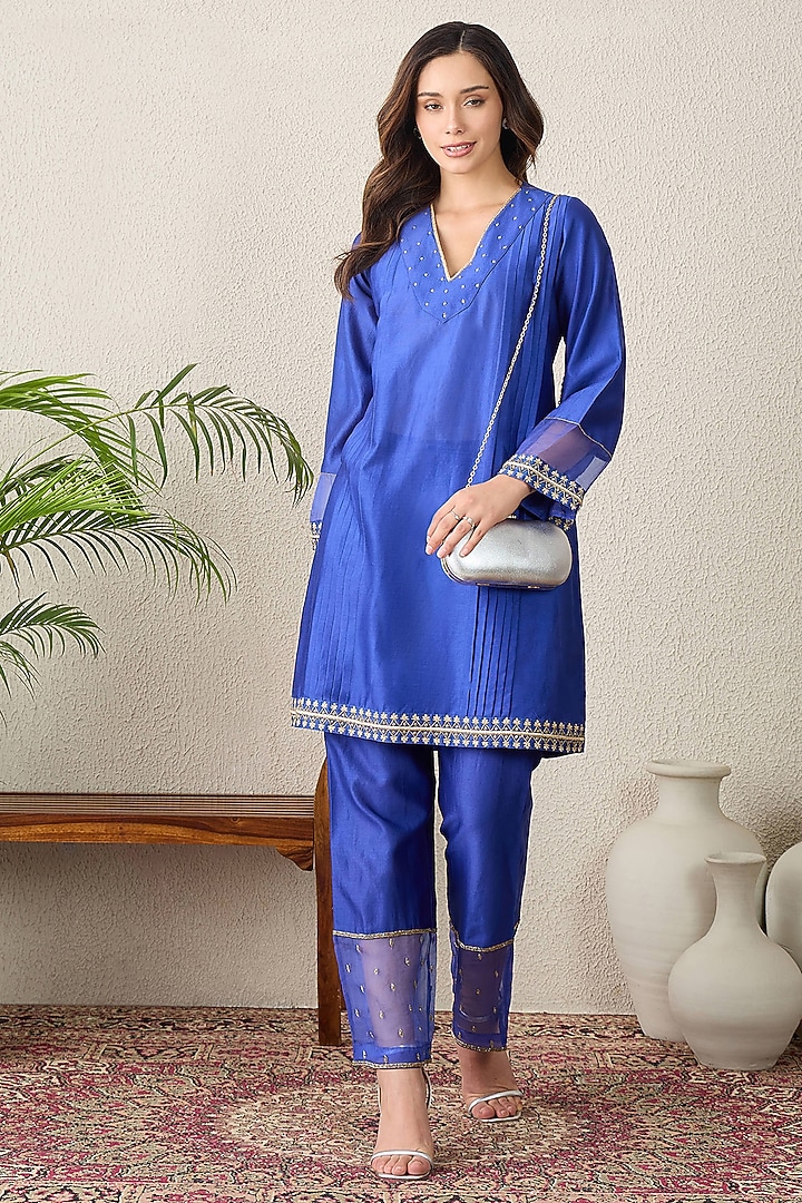 Cobalt Blue Chanderi Hand Embroidered Kurta Set by First Resort by Ramola Bachchan at Pernia's Pop Up Shop