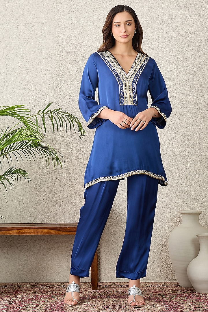 Navy Blue Bamberg Modal Satin Hand Embroidered Kurta Set by First Resort by Ramola Bachchan at Pernia's Pop Up Shop