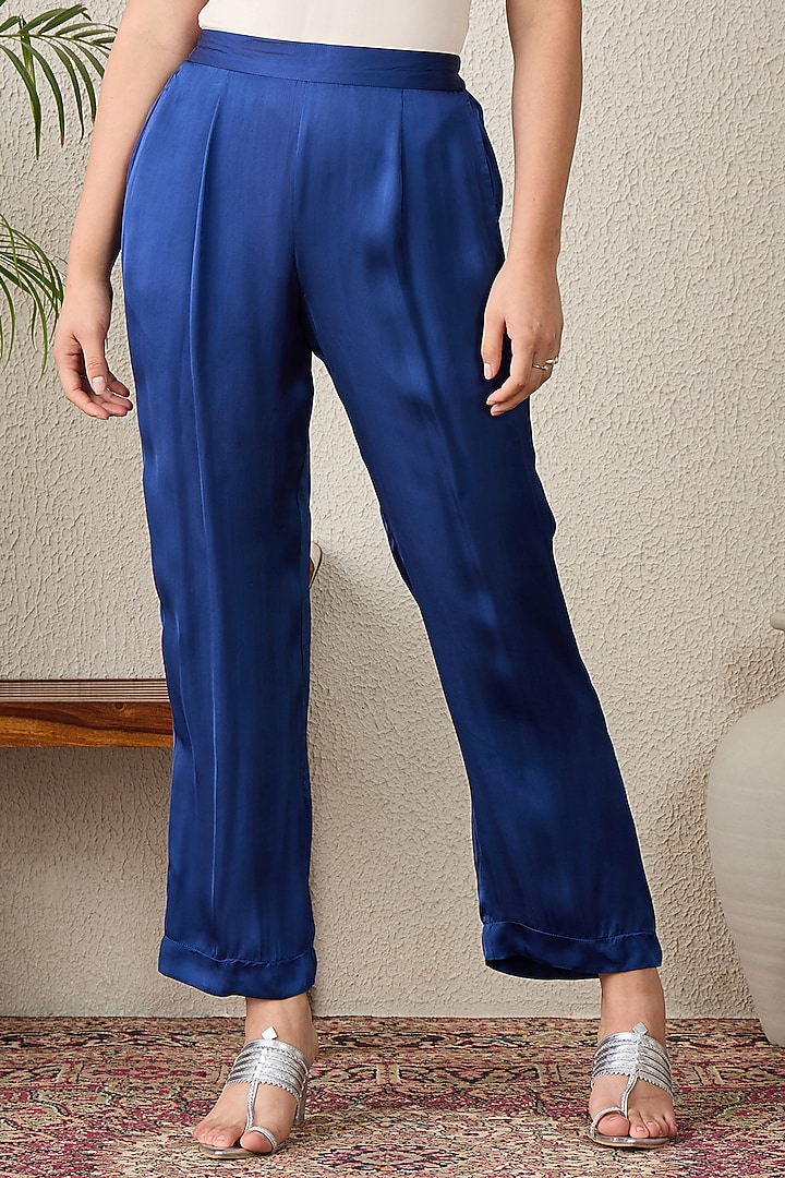 Navy Blue Bamberg Modal Satin Hand Embroidered Kurta Set by First Resort by Ramola Bachchan at Pernia's Pop Up Shop