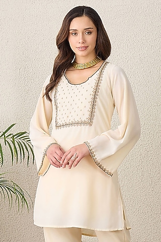 Nude Polyester Georgette Bead Embroidered Kurta by First Resort by Ramola Bachchan