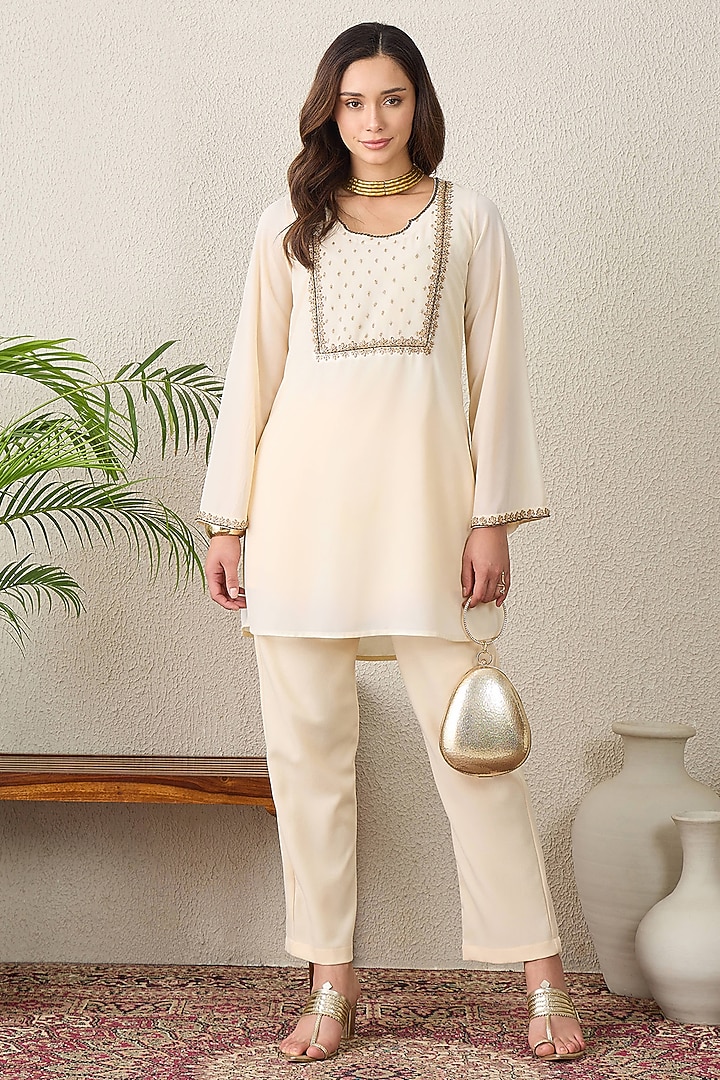 Nude Polyester Georgette Bead Embroidered Kurta by First Resort by Ramola Bachchan at Pernia's Pop Up Shop