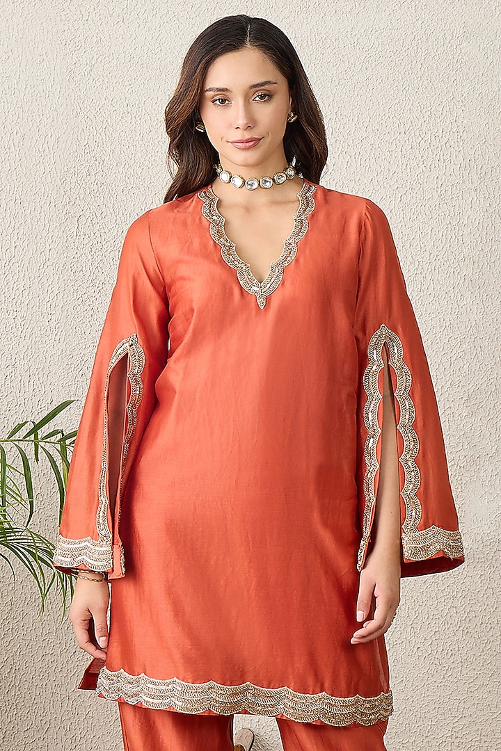 Orange Chanderi Gold Embroidered Kurta by First Resort by Ramola Bachchan at Pernia's Pop Up Shop