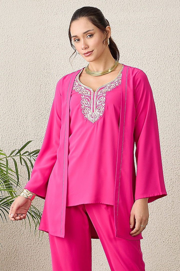 Pink Polyester Crepe Hand Embroidered Top by First Resort by Ramola Bachchan at Pernia's Pop Up Shop