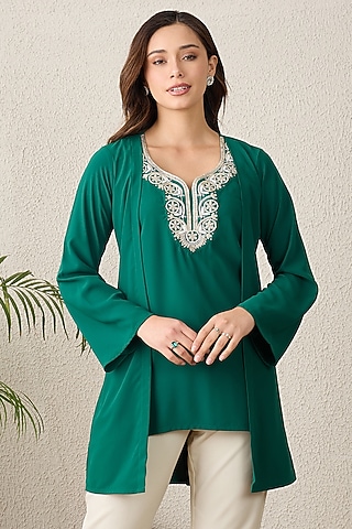 Emerald Green Polyester Crepe Hand Embroidered Top by First Resort by Ramola Bachchan