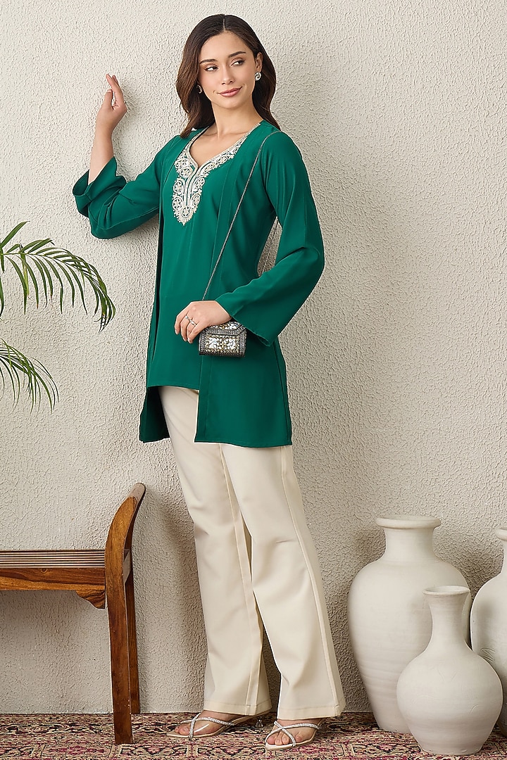 Emerald Green Polyester Crepe Hand Embroidered Top by First Resort by Ramola Bachchan at Pernia's Pop Up Shop