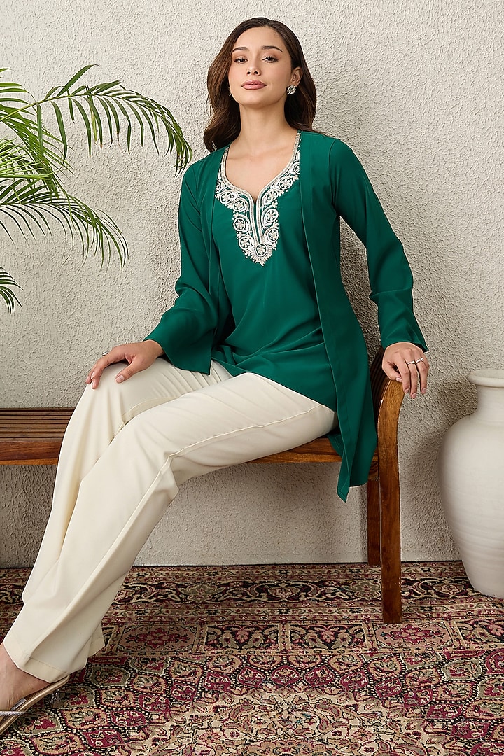 Emerald Green Polyester Crepe Hand Embroidered Top by First Resort by Ramola Bachchan at Pernia's Pop Up Shop