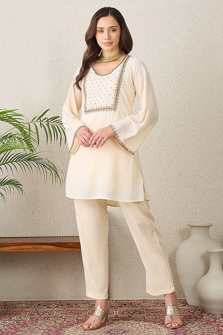 Nude Polyester Georgette Hand Embroidered Kurta Set by First Resort by Ramola Bachchan at Pernia's Pop Up Shop