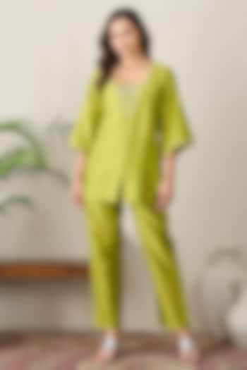 Lime Chanderi Floral Embroidered Tunic Set by First Resort by Ramola Bachchan at Pernia's Pop Up Shop