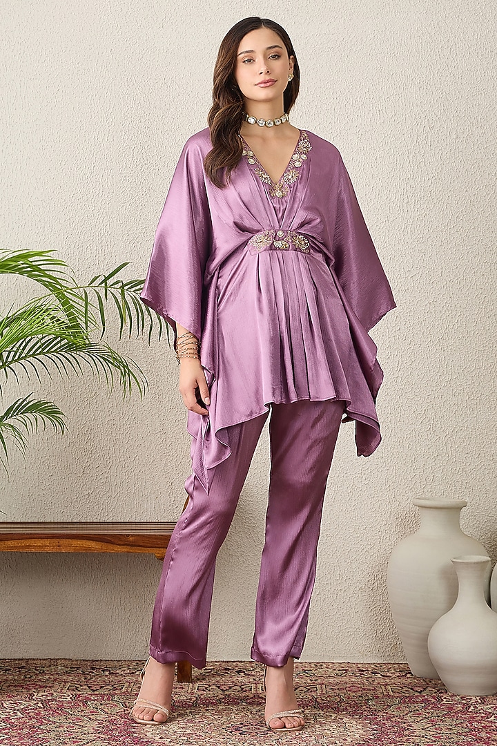Purple Crinkled Satin Hand Embroidered Co-Ord Set by First Resort by Ramola Bachchan at Pernia's Pop Up Shop