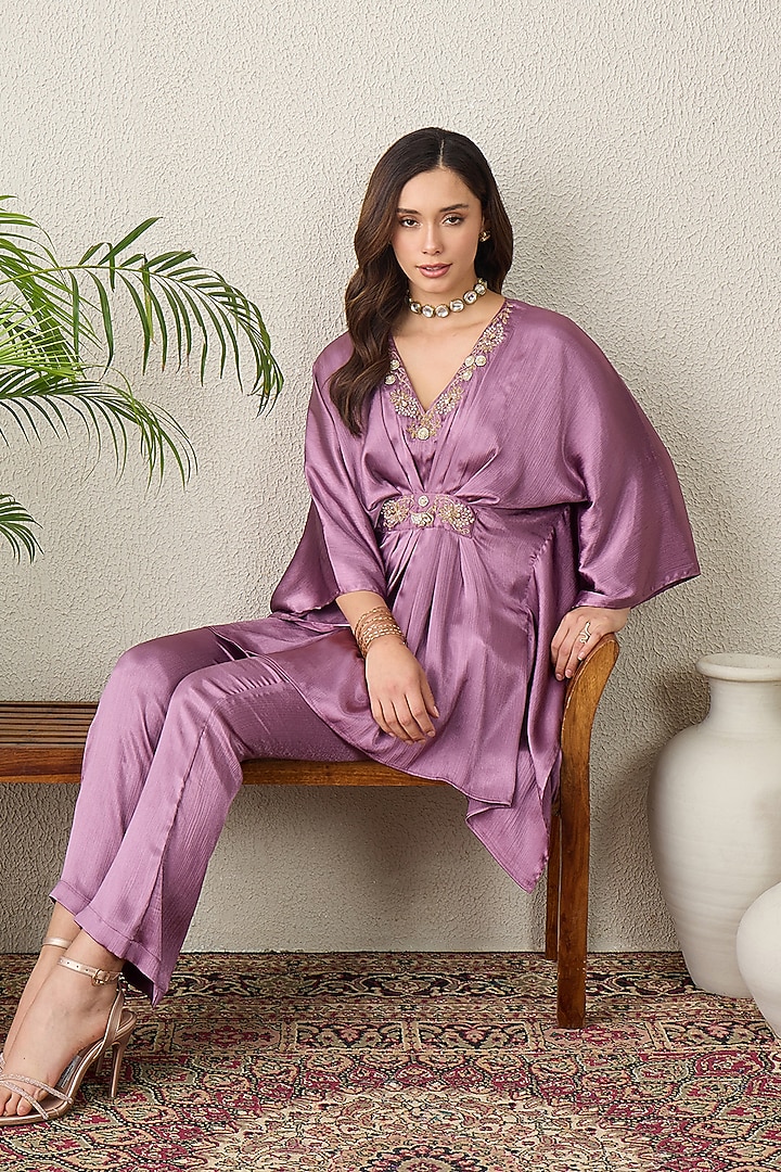 Purple Crinkled Satin Hand Embroidered Co-Ord Set by First Resort by Ramola Bachchan at Pernia's Pop Up Shop