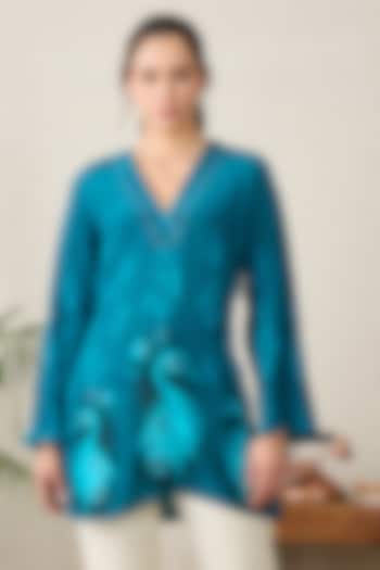 Teal Blue Viscose Crepe Motif Printed Top by First Resort by Ramola Bachchan at Pernia's Pop Up Shop