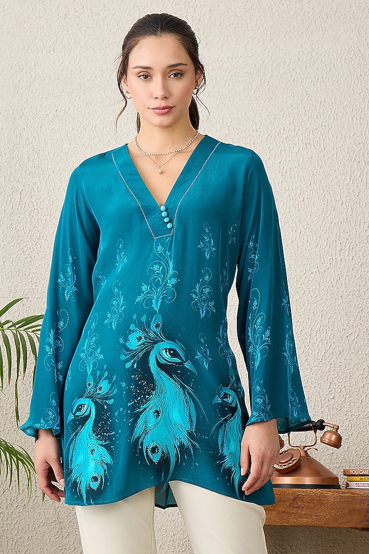 Teal Blue Viscose Crepe Motif Printed Top by First Resort by Ramola Bachchan at Pernia's Pop Up Shop