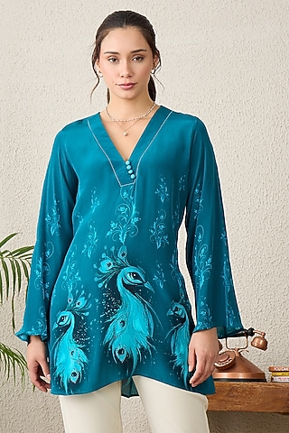 Teal Blue Viscose Crepe Motif Printed Top by First Resort by Ramola Bachchan