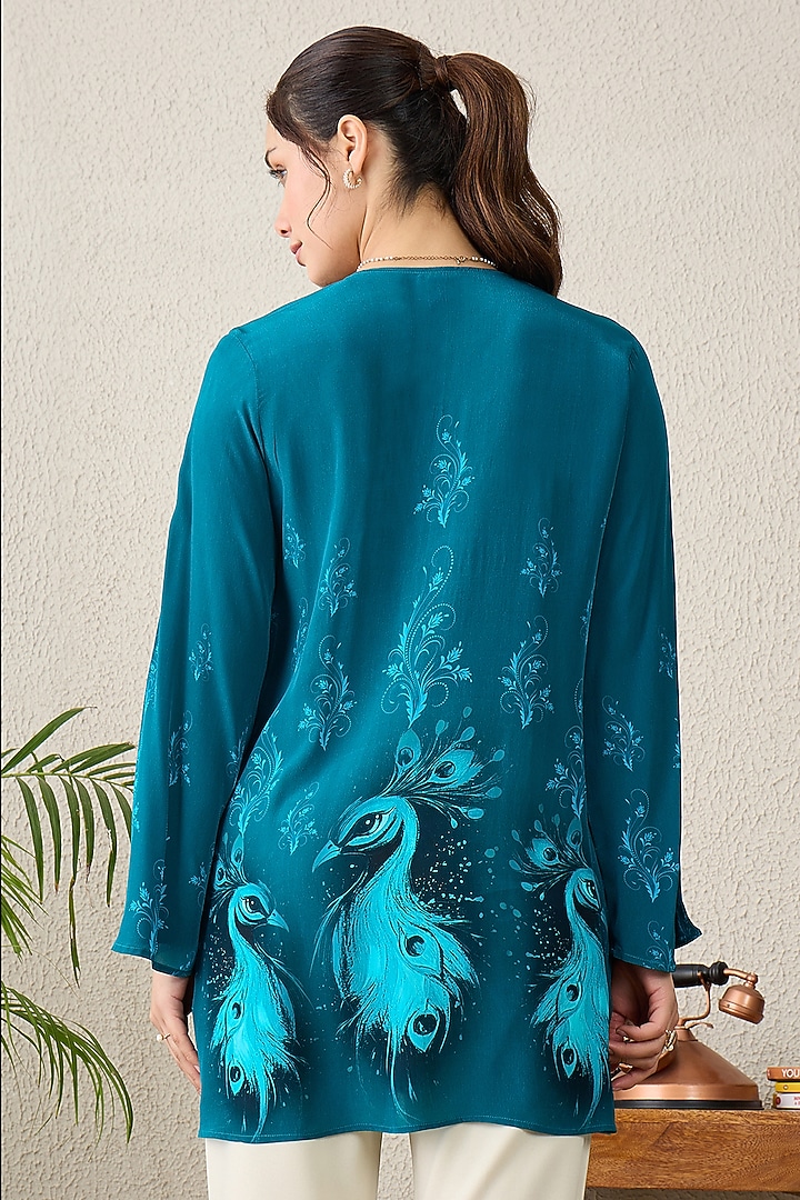 Teal Blue Viscose Crepe Motif Printed Top by First Resort by Ramola Bachchan at Pernia's Pop Up Shop
