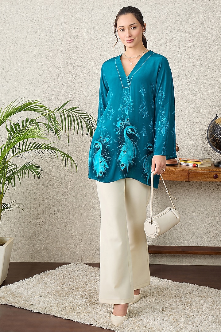 Teal Blue Viscose Crepe Motif Printed Top by First Resort by Ramola Bachchan at Pernia's Pop Up Shop