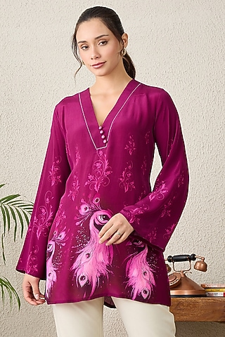 Magenta Pink Viscose Crepe Motif Printed Top by First Resort by Ramola Bachchan