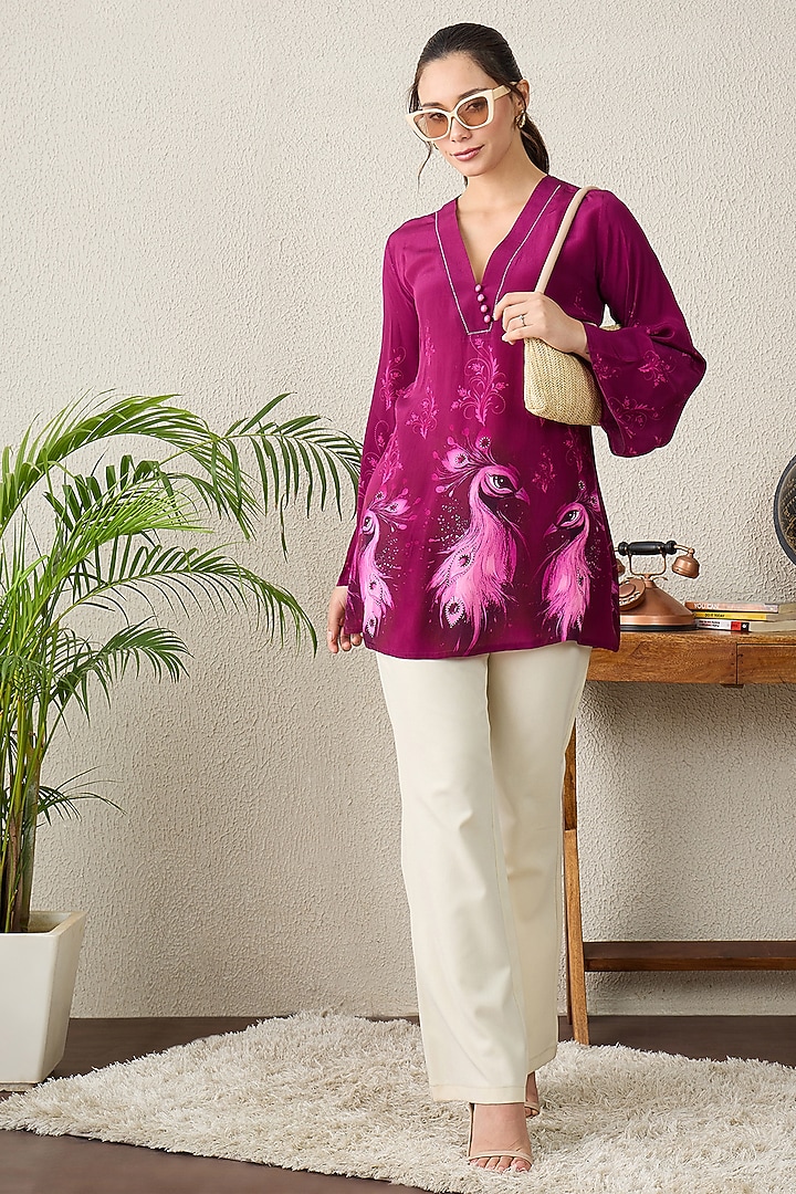 Magenta Pink Viscose Crepe Motif Printed Top by First Resort by Ramola Bachchan at Pernia's Pop Up Shop