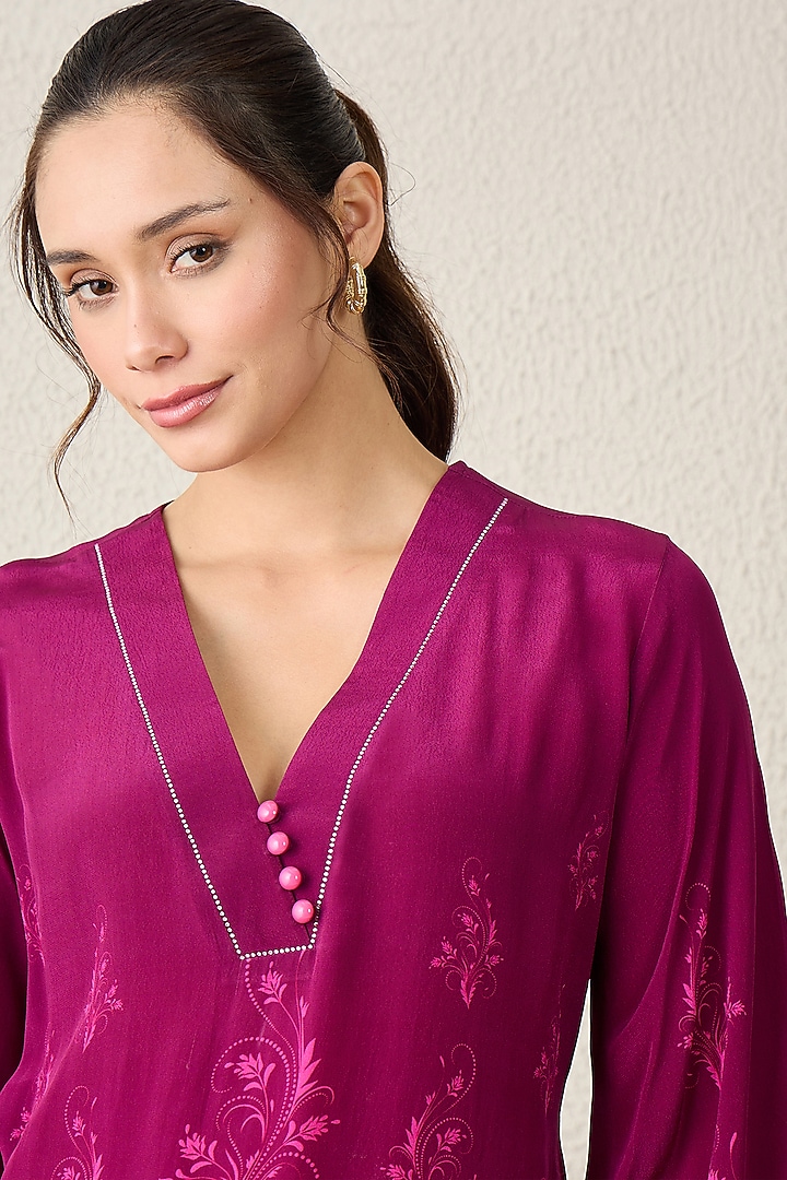 Magenta Pink Viscose Crepe Motif Printed Top by First Resort by Ramola Bachchan at Pernia's Pop Up Shop