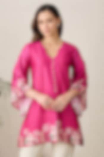 Blush Pink Chanderi Floral Printed Top by First Resort by Ramola Bachchan at Pernia's Pop Up Shop