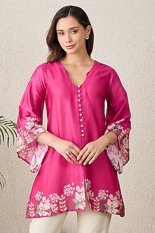Blush Pink Chanderi Floral Printed Top by First Resort by Ramola Bachchan