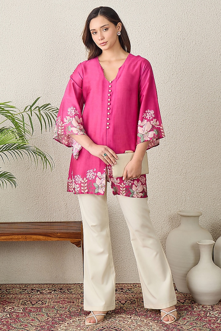 Blush Pink Chanderi Floral Printed Top by First Resort by Ramola Bachchan at Pernia's Pop Up Shop