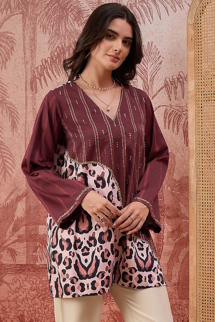Maroon Cotton Satin Printed Tunic by First Resort by Ramola Bachchan at Pernia's Pop Up Shop