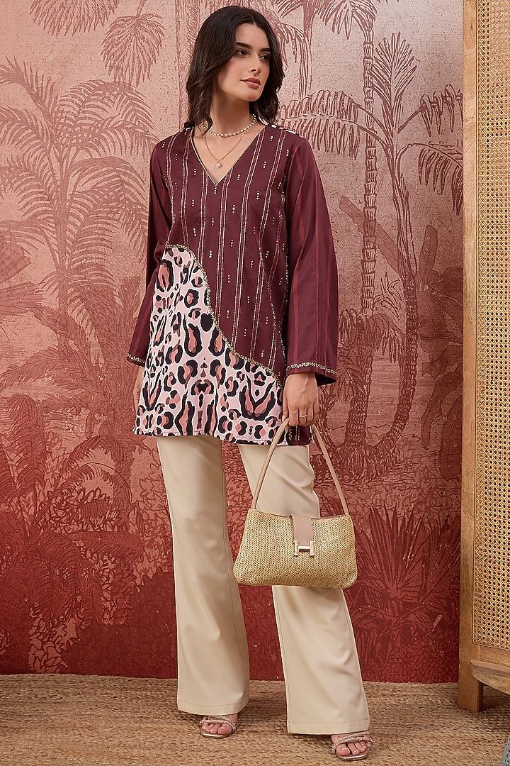 Maroon Cotton Satin Printed Tunic by First Resort by Ramola Bachchan at Pernia's Pop Up Shop