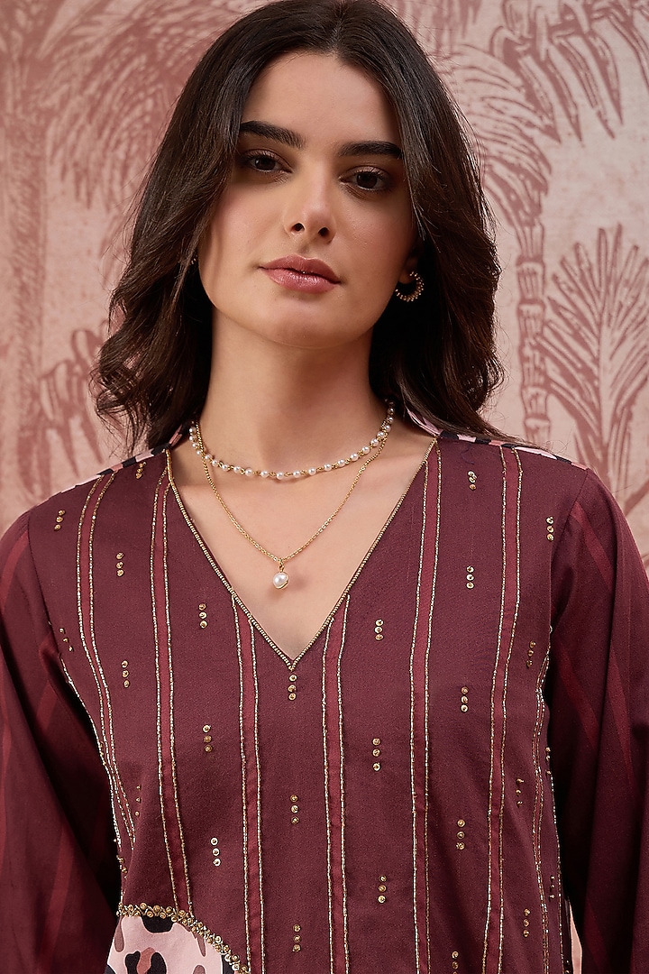 Maroon Cotton Satin Printed Tunic by First Resort by Ramola Bachchan at Pernia's Pop Up Shop