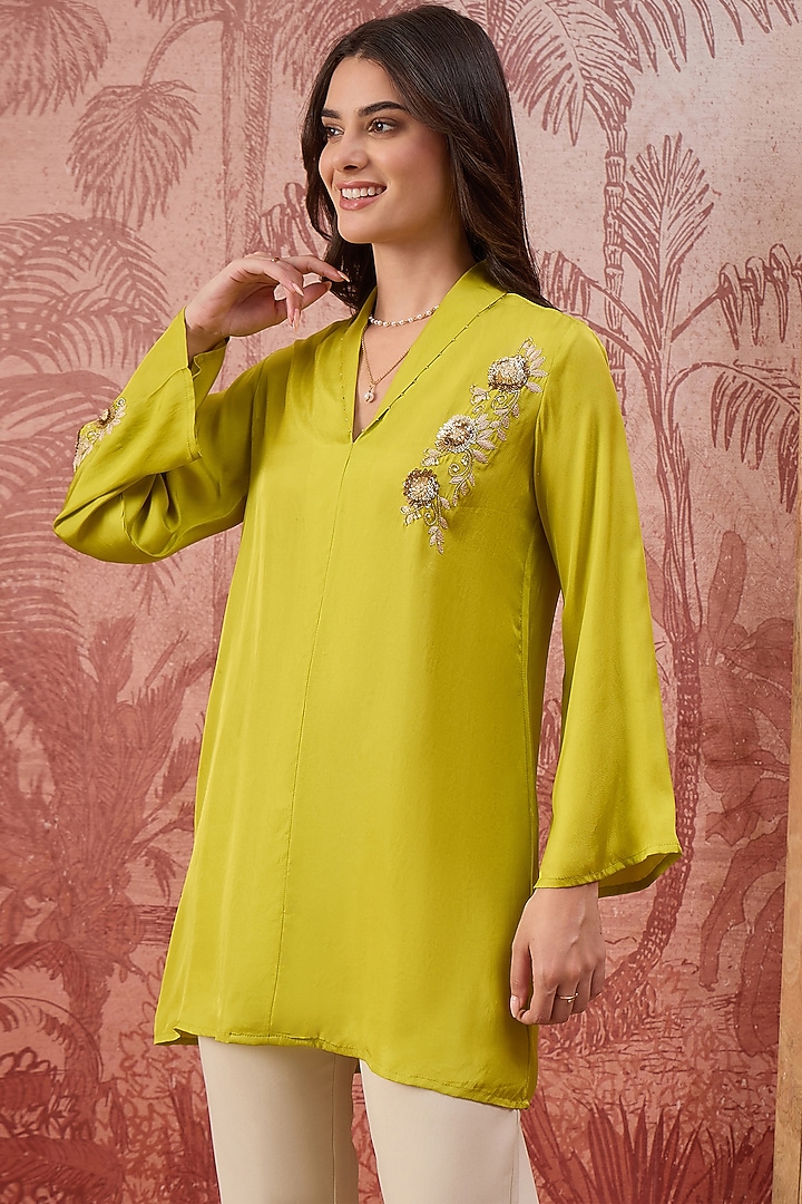 Leaf Green Silk Twill Hand Embroidered Top by First Resort by Ramola Bachchan at Pernia's Pop Up Shop