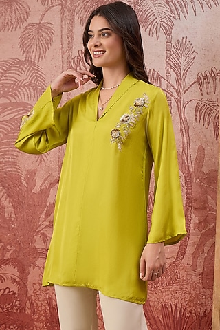 Leaf Green Silk Twill Hand Embroidered Top by First Resort by Ramola Bachchan
