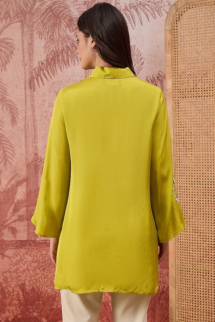 Leaf Green Silk Twill Hand Embroidered Top by First Resort by Ramola Bachchan at Pernia's Pop Up Shop