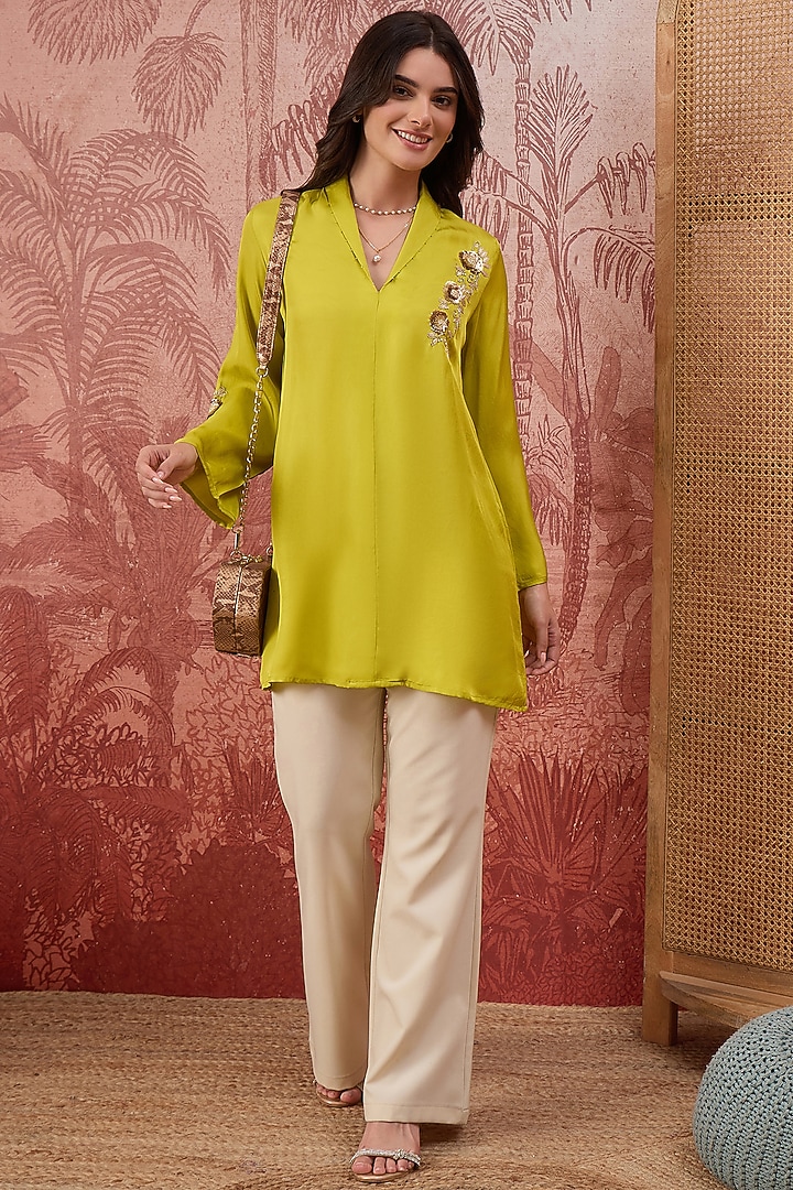 Leaf Green Silk Twill Hand Embroidered Top by First Resort by Ramola Bachchan at Pernia's Pop Up Shop