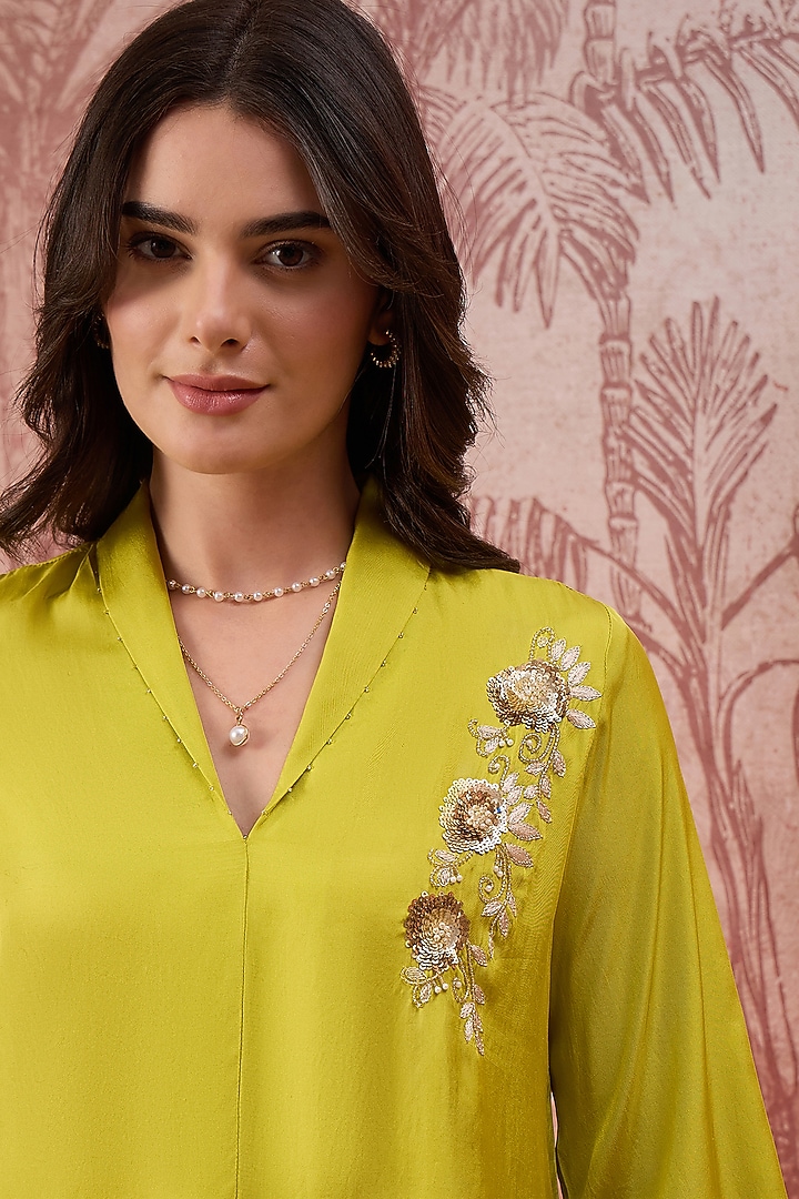 Leaf Green Silk Twill Hand Embroidered Top by First Resort by Ramola Bachchan at Pernia's Pop Up Shop