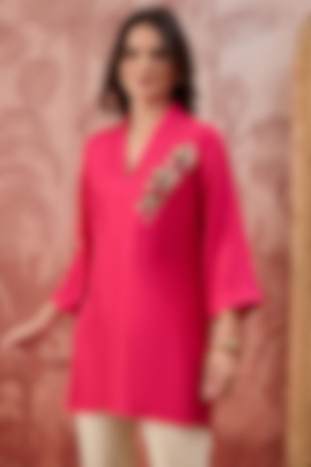 Hot Pink Silk Twill Hand Embroidered Top by First Resort by Ramola Bachchan at Pernia's Pop Up Shop
