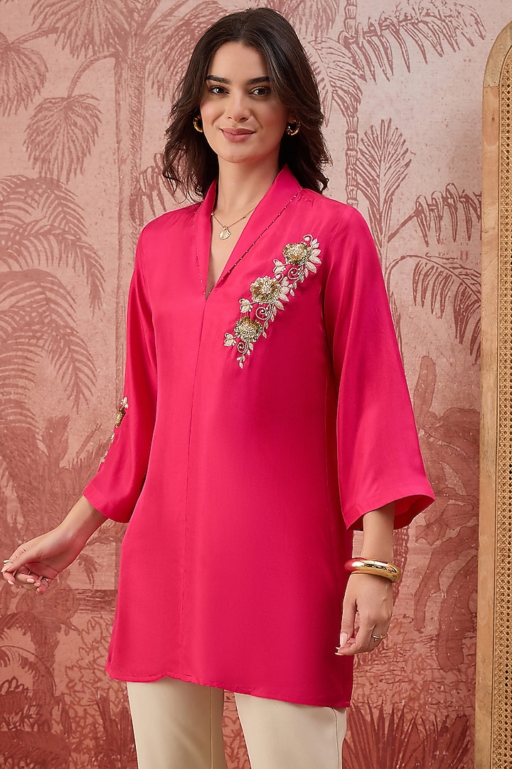 Hot Pink Silk Twill Hand Embroidered Top by First Resort by Ramola Bachchan at Pernia's Pop Up Shop