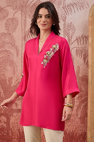 Hot Pink Silk Twill Hand Embroidered Top by First Resort by Ramola Bachchan