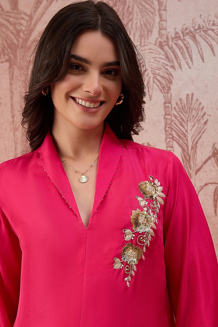 Hot Pink Silk Twill Hand Embroidered Top by First Resort by Ramola Bachchan at Pernia's Pop Up Shop