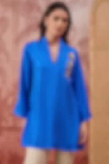 Cobalt Blue Silk Twill Hand Embroidered Top by First Resort by Ramola Bachchan at Pernia's Pop Up Shop