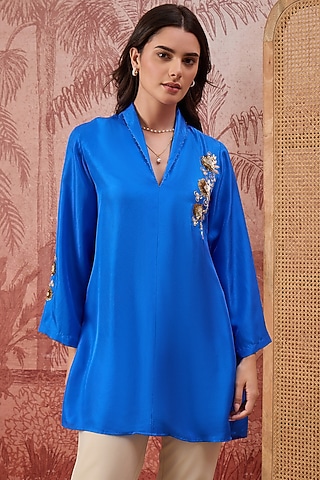 Cobalt Blue Silk Twill Hand Embroidered Top by First Resort by Ramola Bachchan