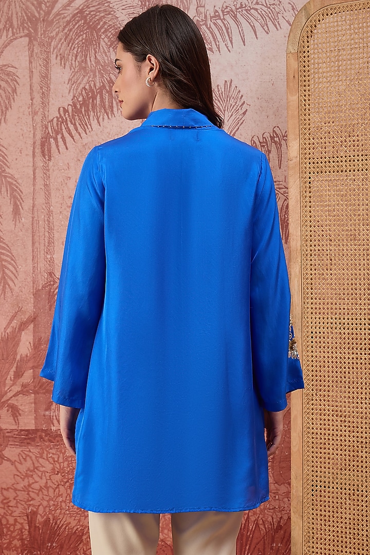 Cobalt Blue Silk Twill Hand Embroidered Top by First Resort by Ramola Bachchan at Pernia's Pop Up Shop