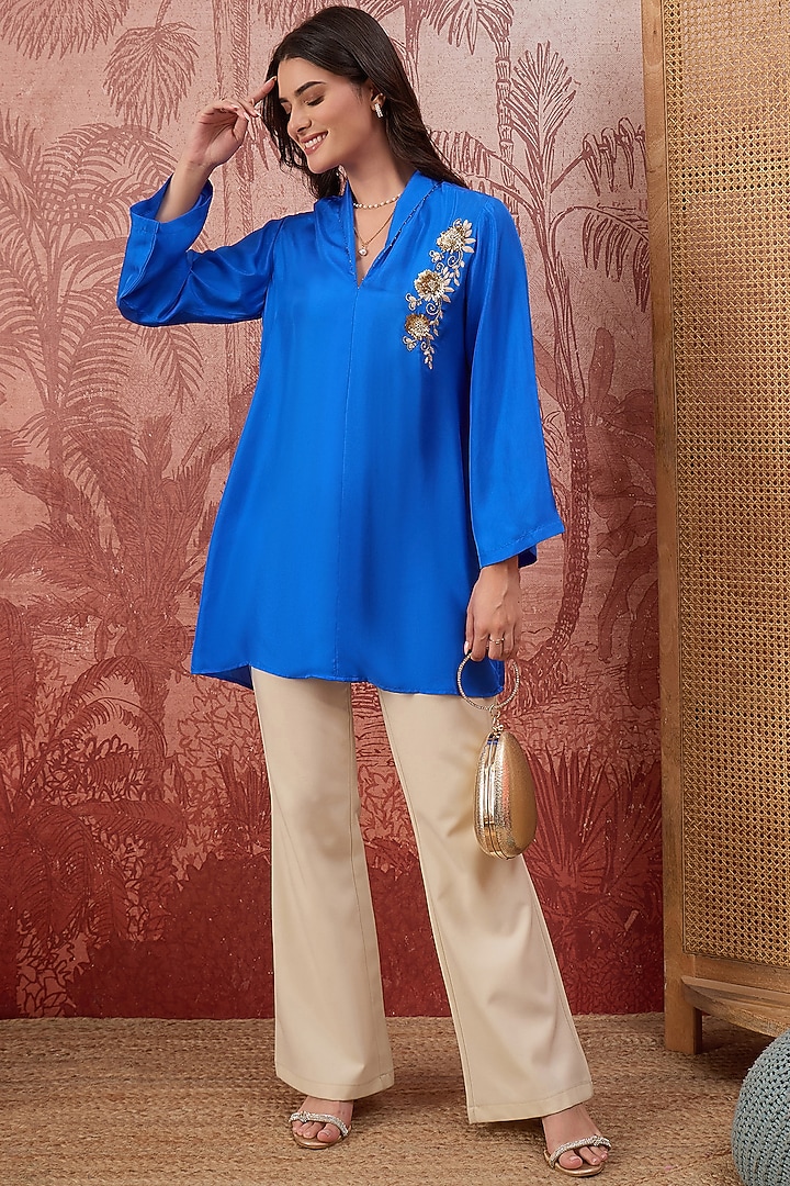Cobalt Blue Silk Twill Hand Embroidered Top by First Resort by Ramola Bachchan at Pernia's Pop Up Shop