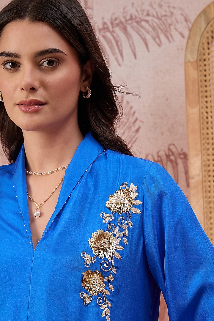 Cobalt Blue Silk Twill Hand Embroidered Top by First Resort by Ramola Bachchan at Pernia's Pop Up Shop