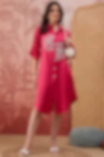 Hot Pink Silk Twill Floral Embroidered Shirt Summer Dress by First Resort by Ramola Bachchan at Pernia's Pop Up Shop
