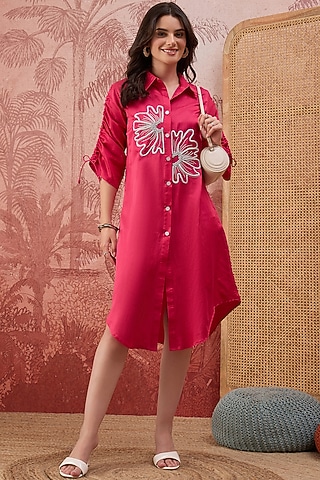 Hot Pink Silk Twill Floral Embroidered Shirt Dress by First Resort by Ramola Bachchan