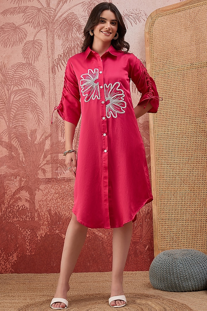 Hot Pink Silk Twill Floral Embroidered Shirt Summer Dress by First Resort by Ramola Bachchan at Pernia's Pop Up Shop