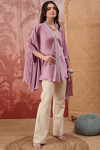 Purple Bamberg Modal Satin Bead Embroidered Tunic by First Resort by Ramola Bachchan